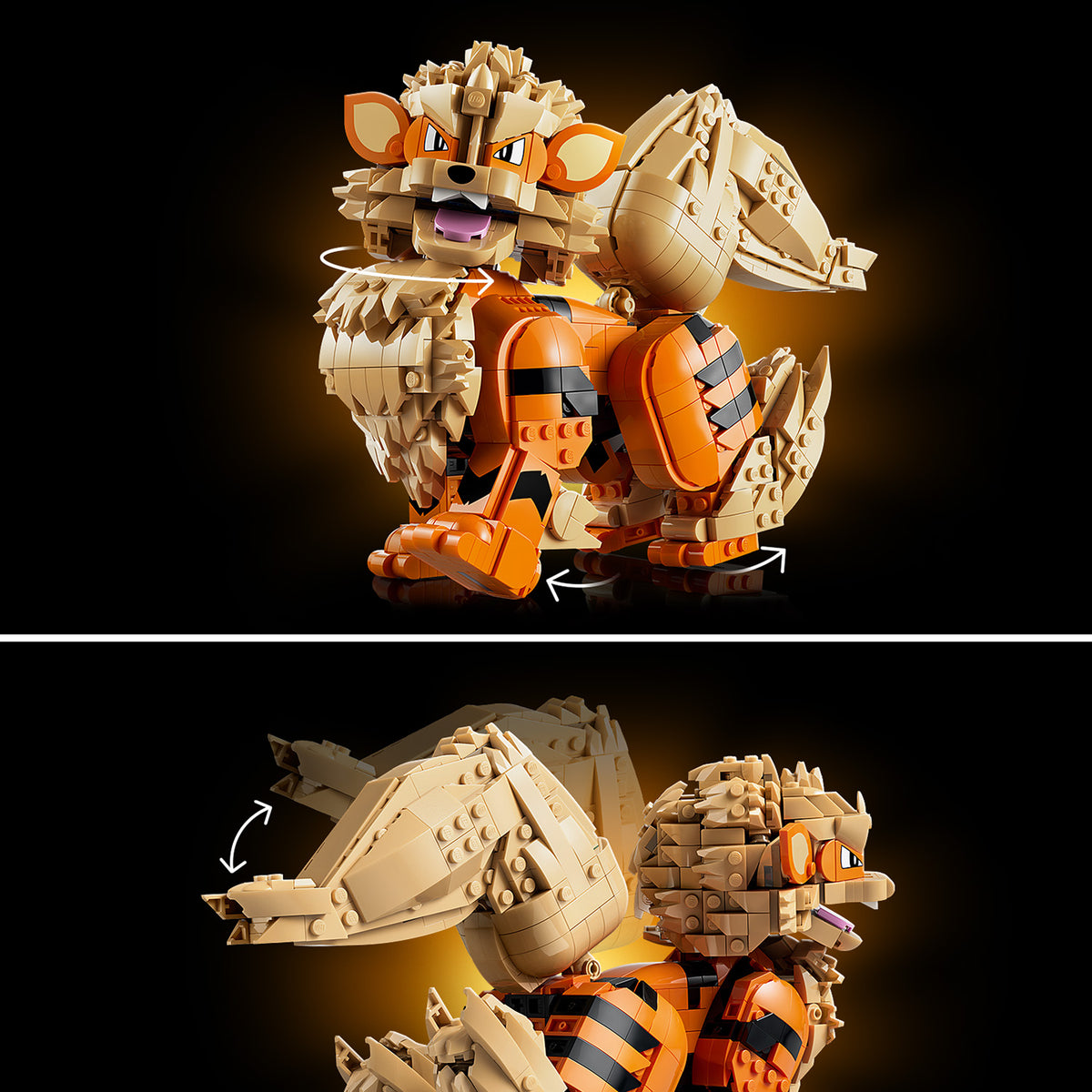 LEGO Modell des Löwen Arkani mit beweglichen Beinen und Schwanz, dargestellt in zwei Perspektiven vor schwarzem Hintergrund