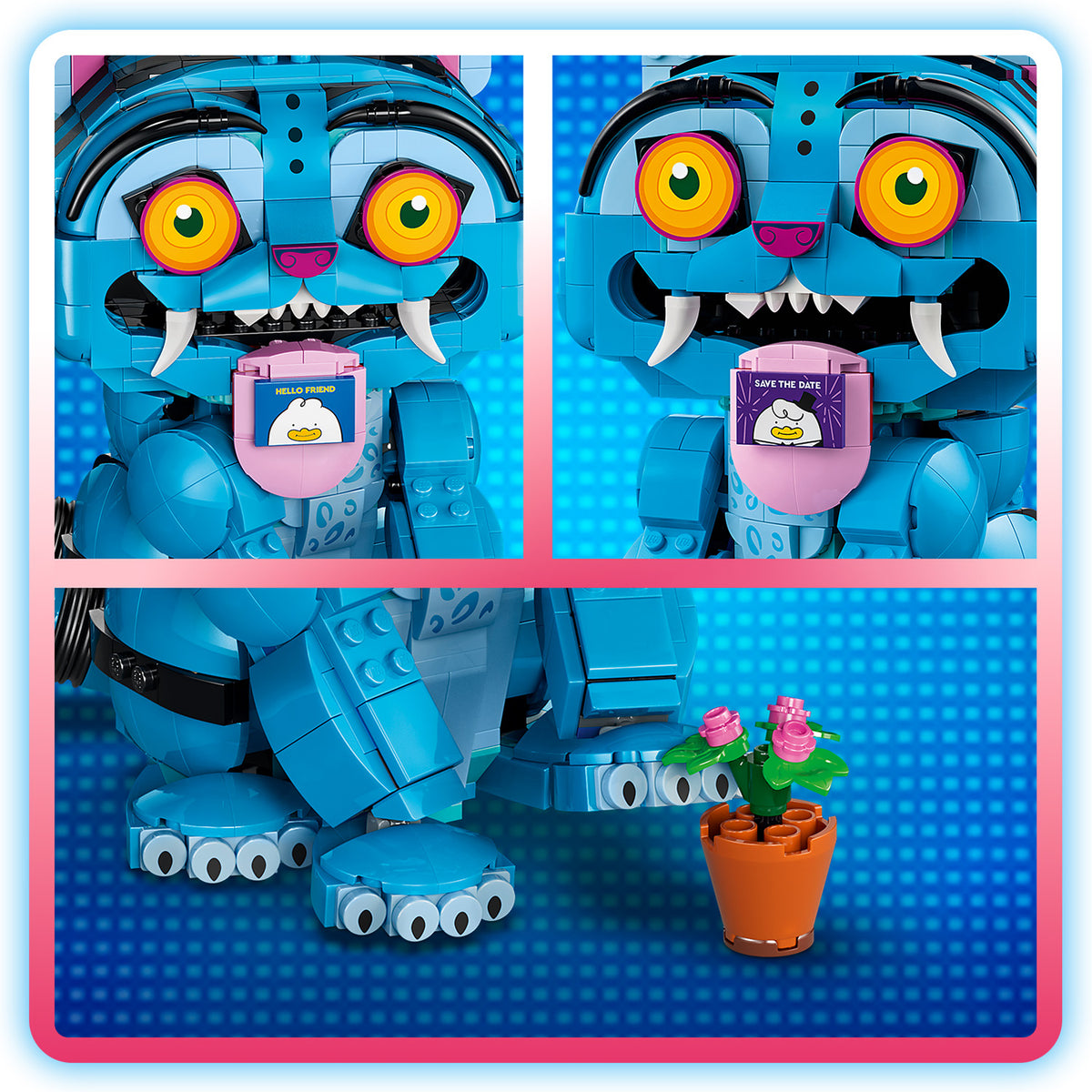 Nahaufnahmen eines blauen LEGO Tigers mit großen gelben Augen und spitzen weißen Zähnen, der eine rosa Zunge mit kleinen Schildern hält, daneben ein Blumentopf mit rosa Rosen