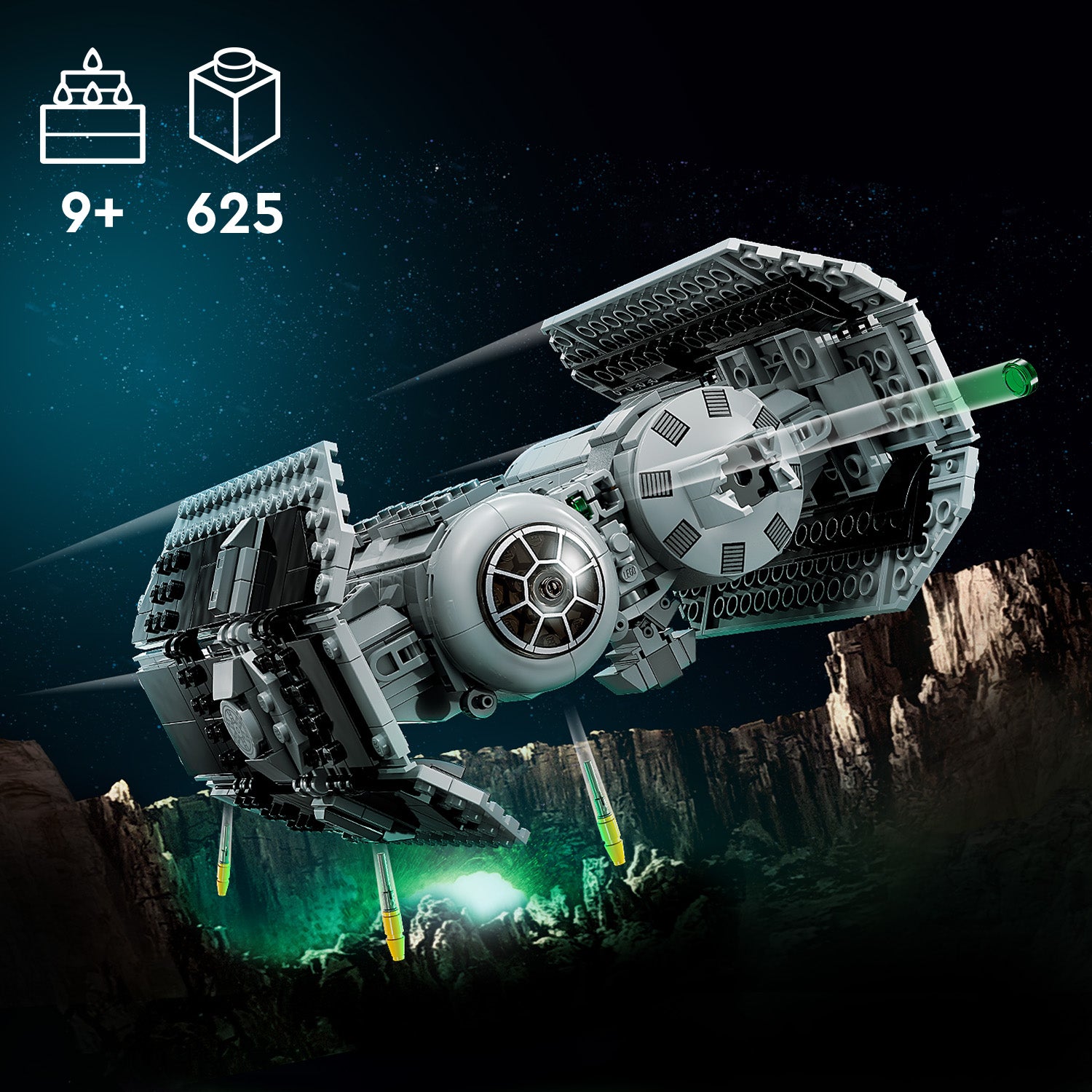 LEGO Star Wars TIE-Bomber-Modell mit zwei großen rechteckigen Flügeln und kugelförmigem Cockpit vor einem Weltraumhintergrund