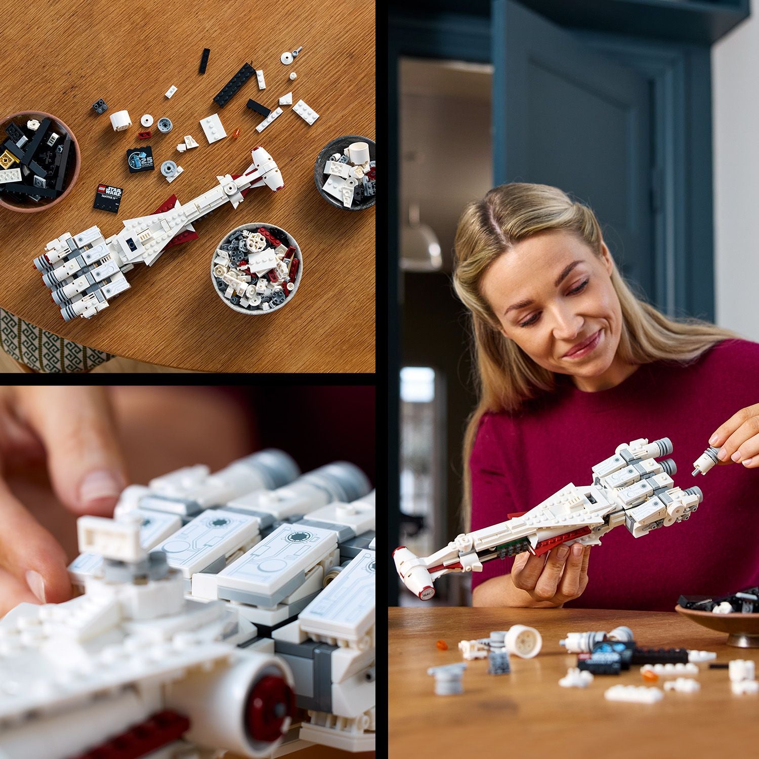 Frau baut LEGO Star Wars Modell des Raumschiffs Tantive IV aus weißen und grauen Bausteinen auf Holztisch mit mehreren Schalen voller LEGO-Teile.