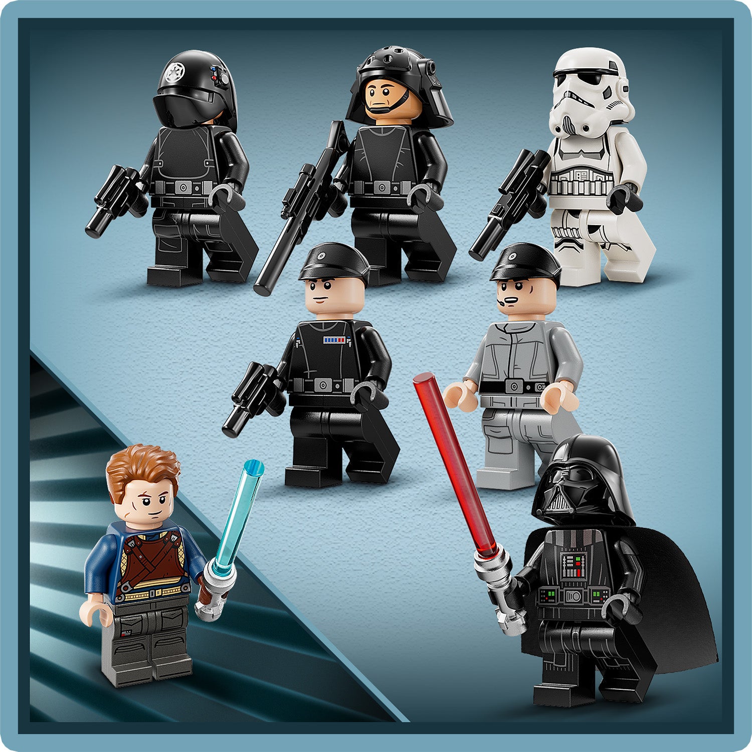 Sieben LEGO Star Wars Minifiguren, darunter Darth Vader mit rotem Lichtschwert und Helm, ein Sturmtruppler, zwei imperialen Offizieren, ein imperialer TIE-Pilot, ein imperialer Todestruppler und ein Jedi mit blauem Lichtschwert, vor blauem Hintergrund.