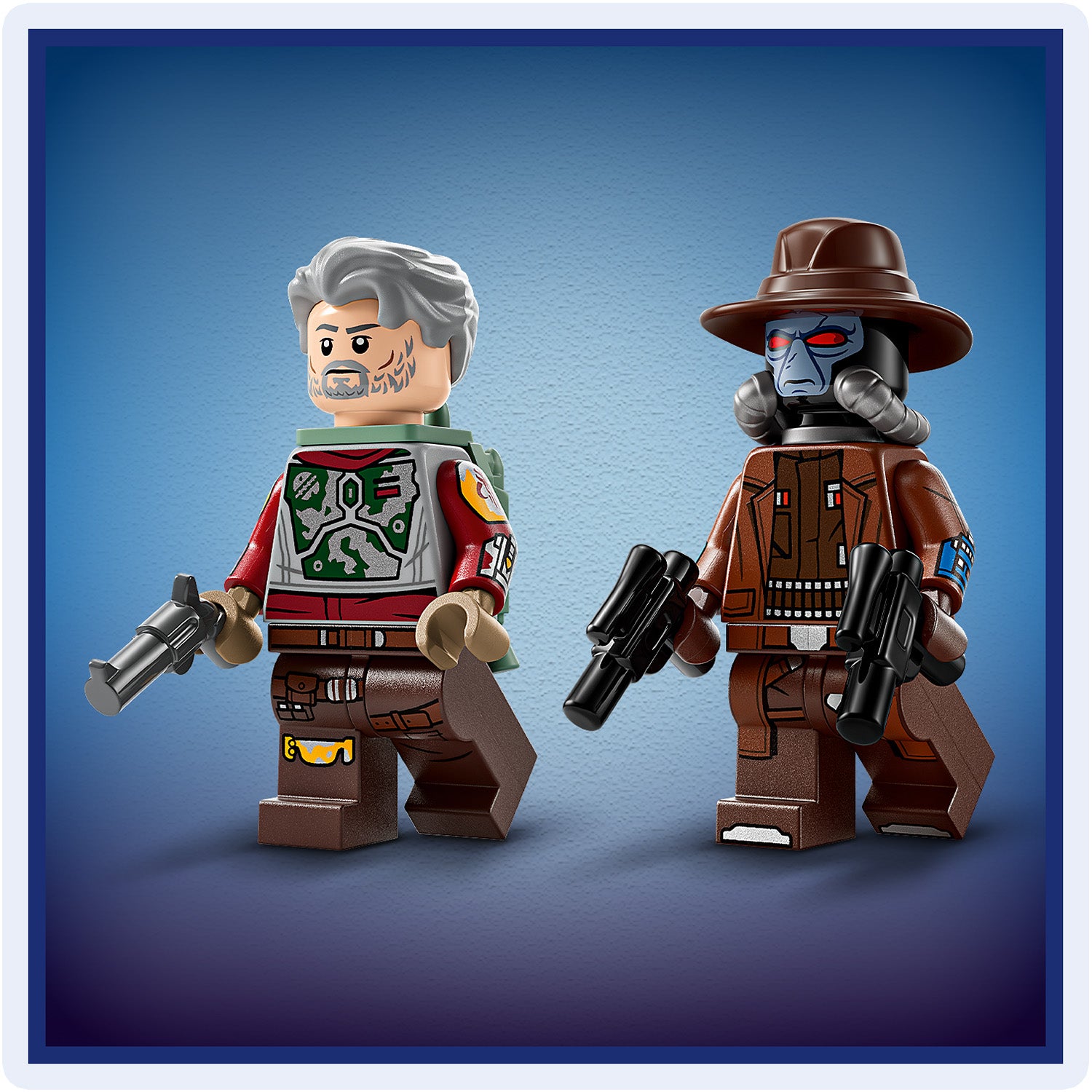 Zwei LEGO Star Wars Minifiguren, eine mit grauem Haar und grüner Rüstung, die andere mit braunem Hut, brauner Kleidung und zwei schwarzen Blastern in den Händen.