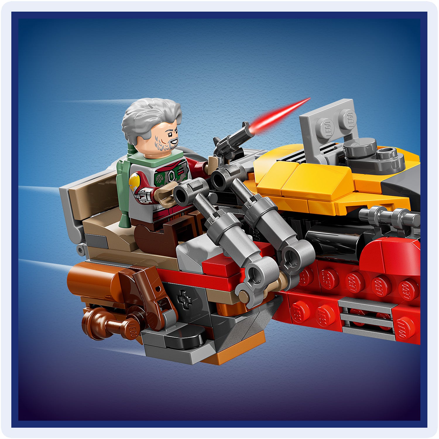 LEGO Star Wars Minifigur Cobb Vanth auf einem detailreichen Speeder mit zwei vorderen Kanonen und gelb-rotem Cockpit.