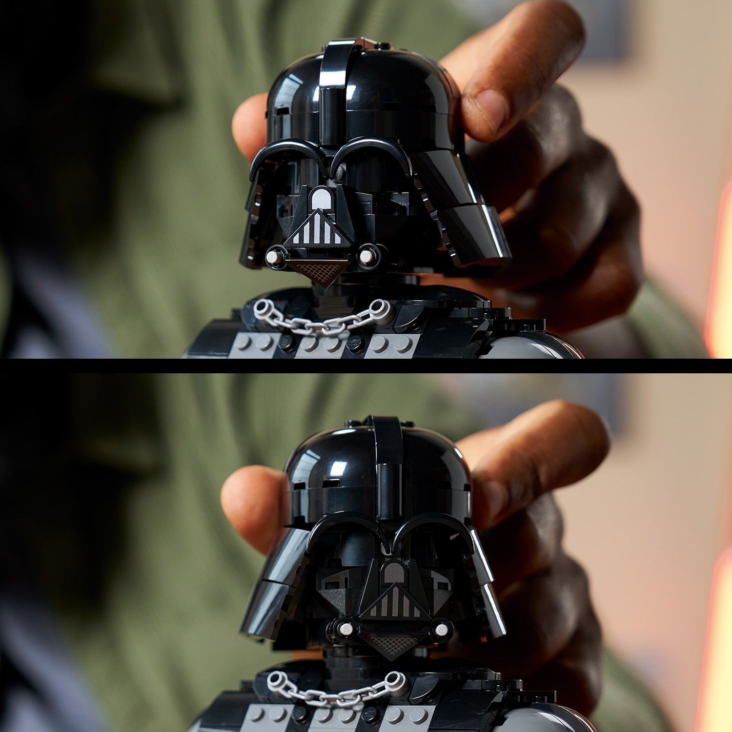 Zwei Nahaufnahmen einer LEGO Darth Vader Büste, die von einer Hand gehalten wird, Vorder- und Rückansicht sichtbar