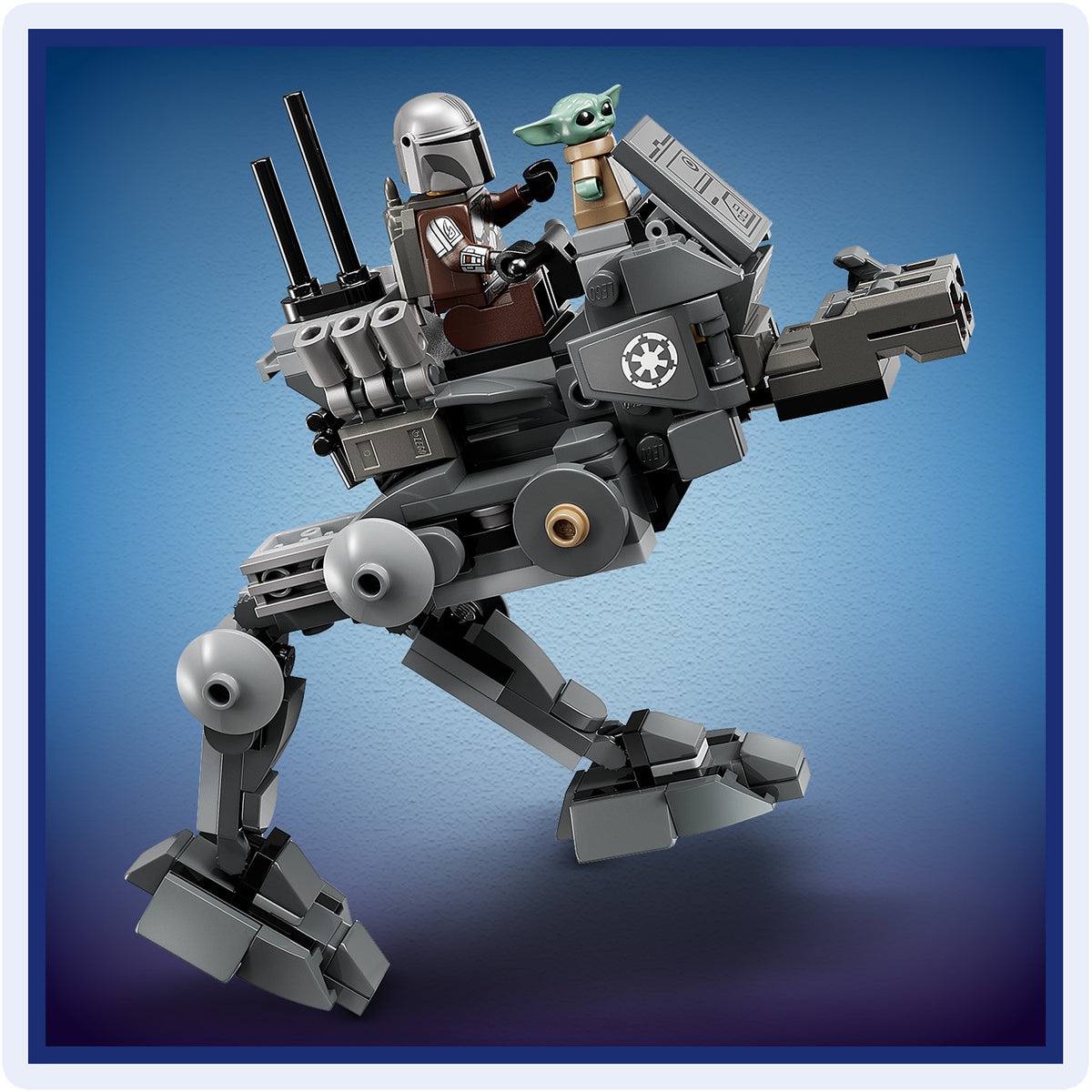 LEGO Modell eines zweibeinigen Kampfläufers mit zwei Figuren, eine mit Helm und eine kleine grüne Figur auf dem Rücken