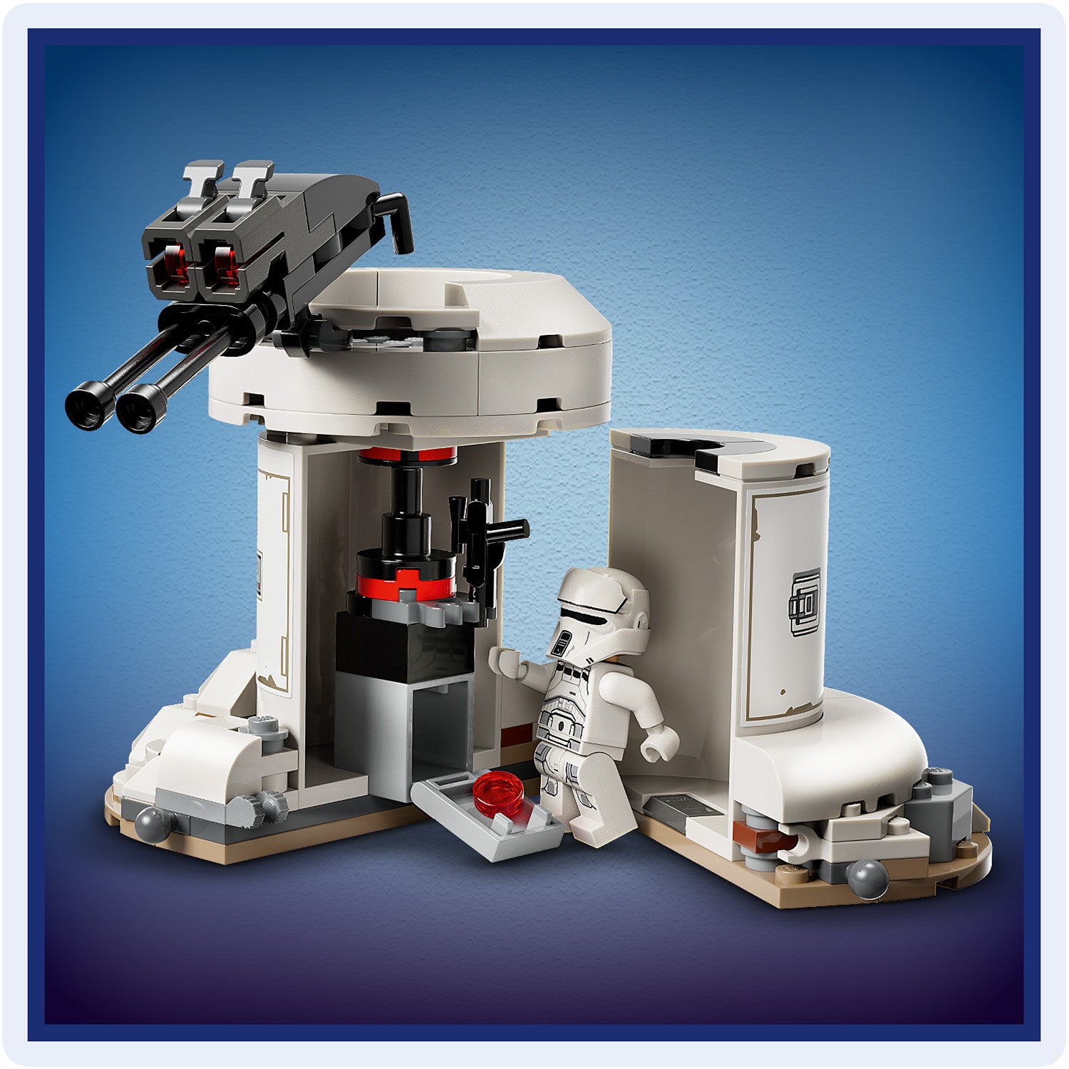 LEGO Spielzeugmodell einer weißen Star-Wars Kampfeinheit mit zwei Kanonen und einer weißen Stormtrooper-Figur