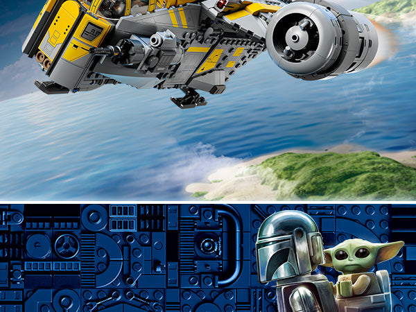 Nahaufnahme des LEGO Star Wars Raumschiffs Razor Crest mit Mandalorianer-Helm und Baby Yoda (Grogu) vor blauem Hintergrund