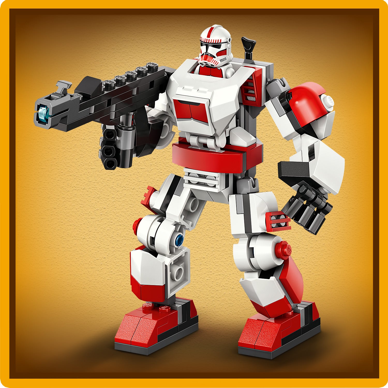 LEGO Star Wars Klon-Schocktruppen-Mech mit rot-weißer Farbgebung, bewaffnet mit großem Gewehr, stehend in dynamischer Pose.