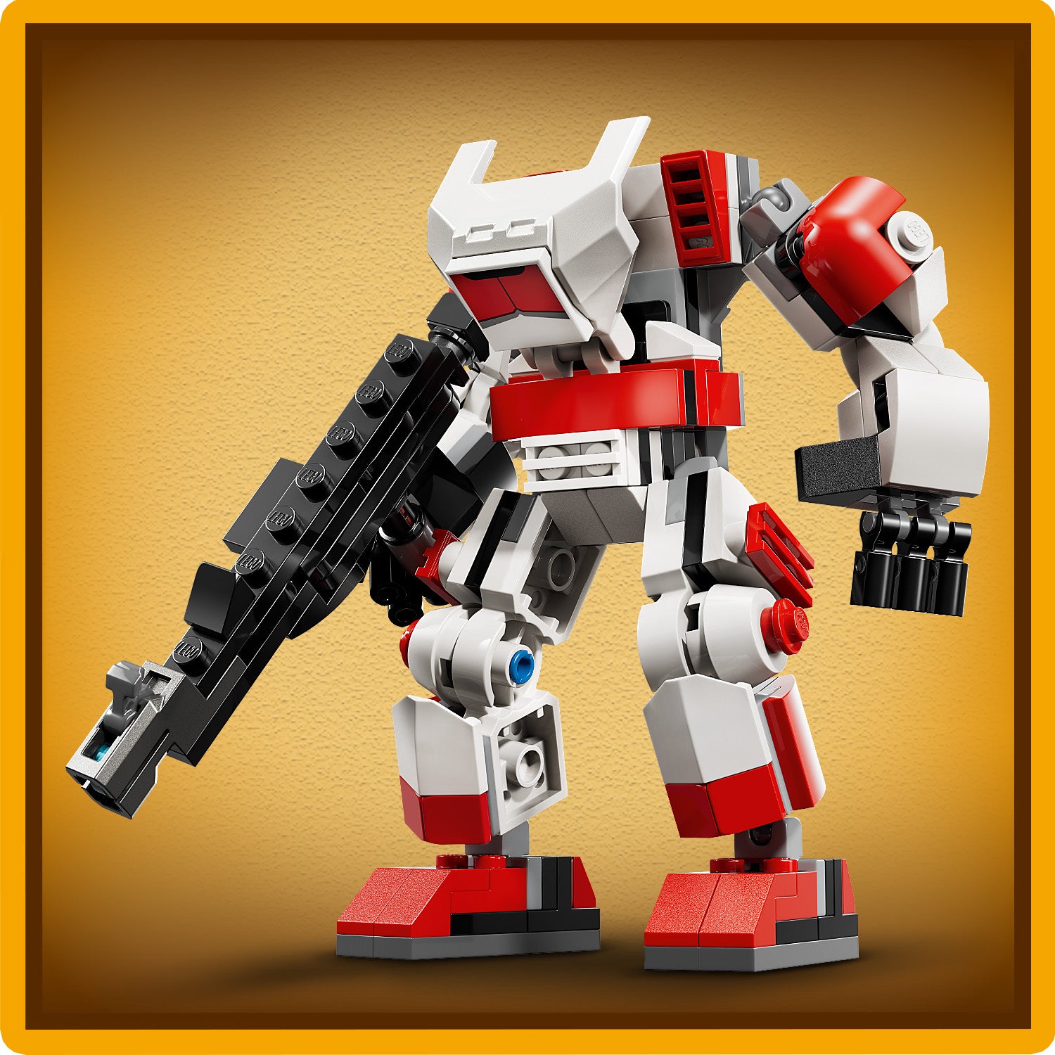 LEGO Modell eines Klon-Schocktruppen-Mechs mit rot-weißer Farbgebung und großem schwarzen Gewehr in der rechten Hand.
