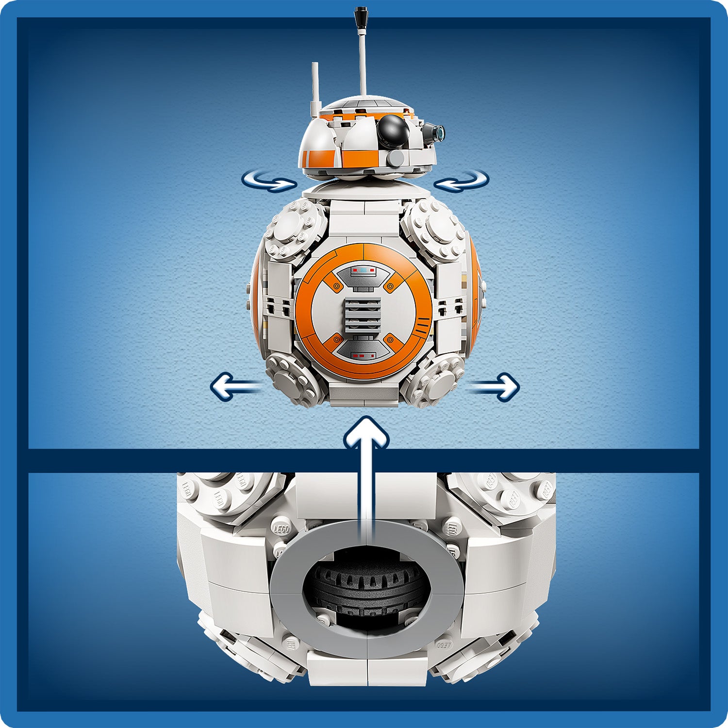 LEGO-Modell des Astromech-Droiden BB-8 mit Pfeilen, die die Drehbewegung des kugelförmigen Körpers und des Kopfes anzeigen.