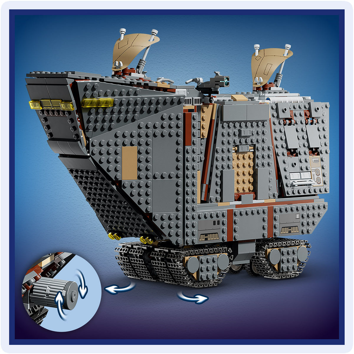 LEGO Modell eines Sandkrawlers mit Kettenantrieb und zwei Segeln auf dem Dach