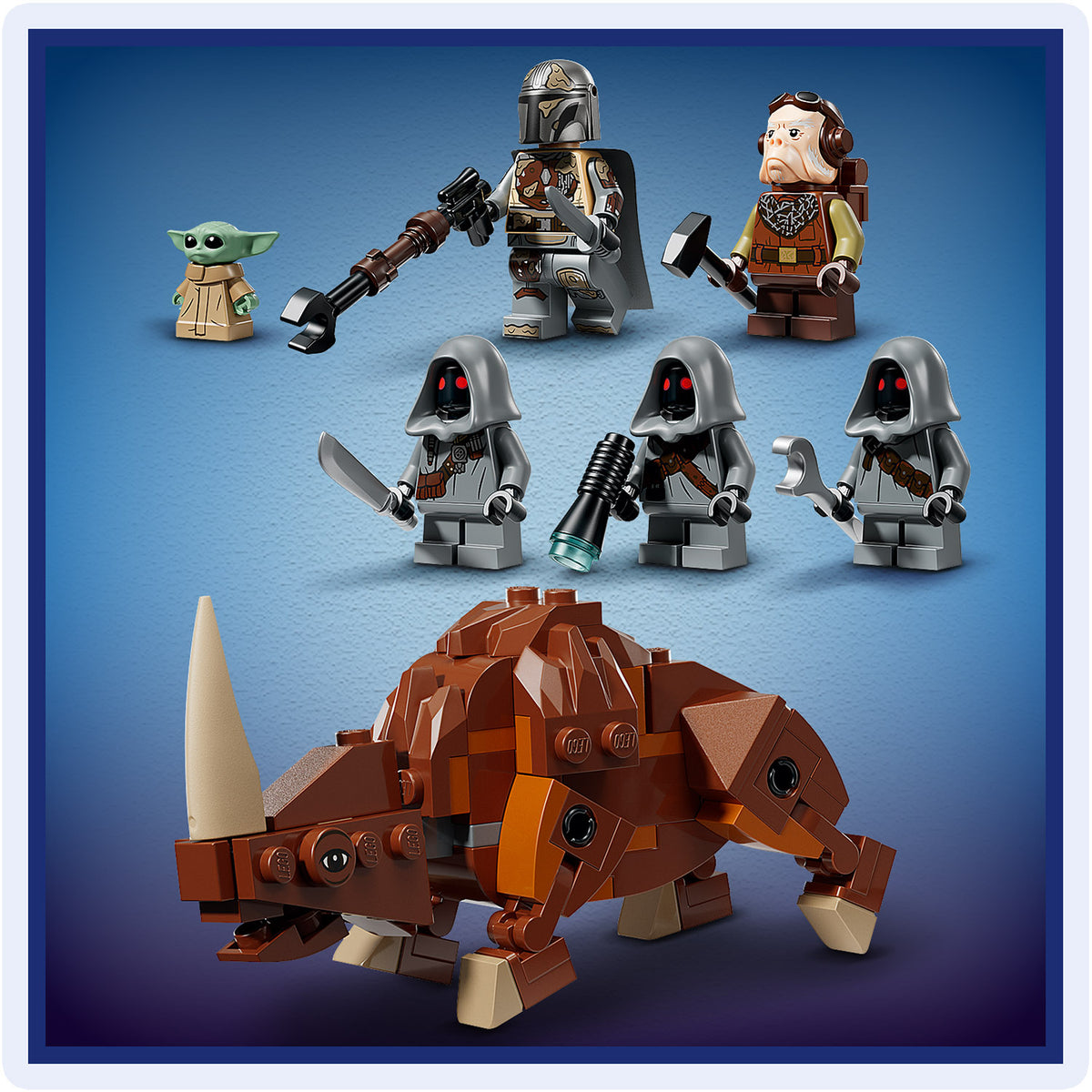 LEGO Figuren aus Star Wars mit einem braunen Sandcrawler-Modell und mehreren Charakteren in verschiedenen Posen