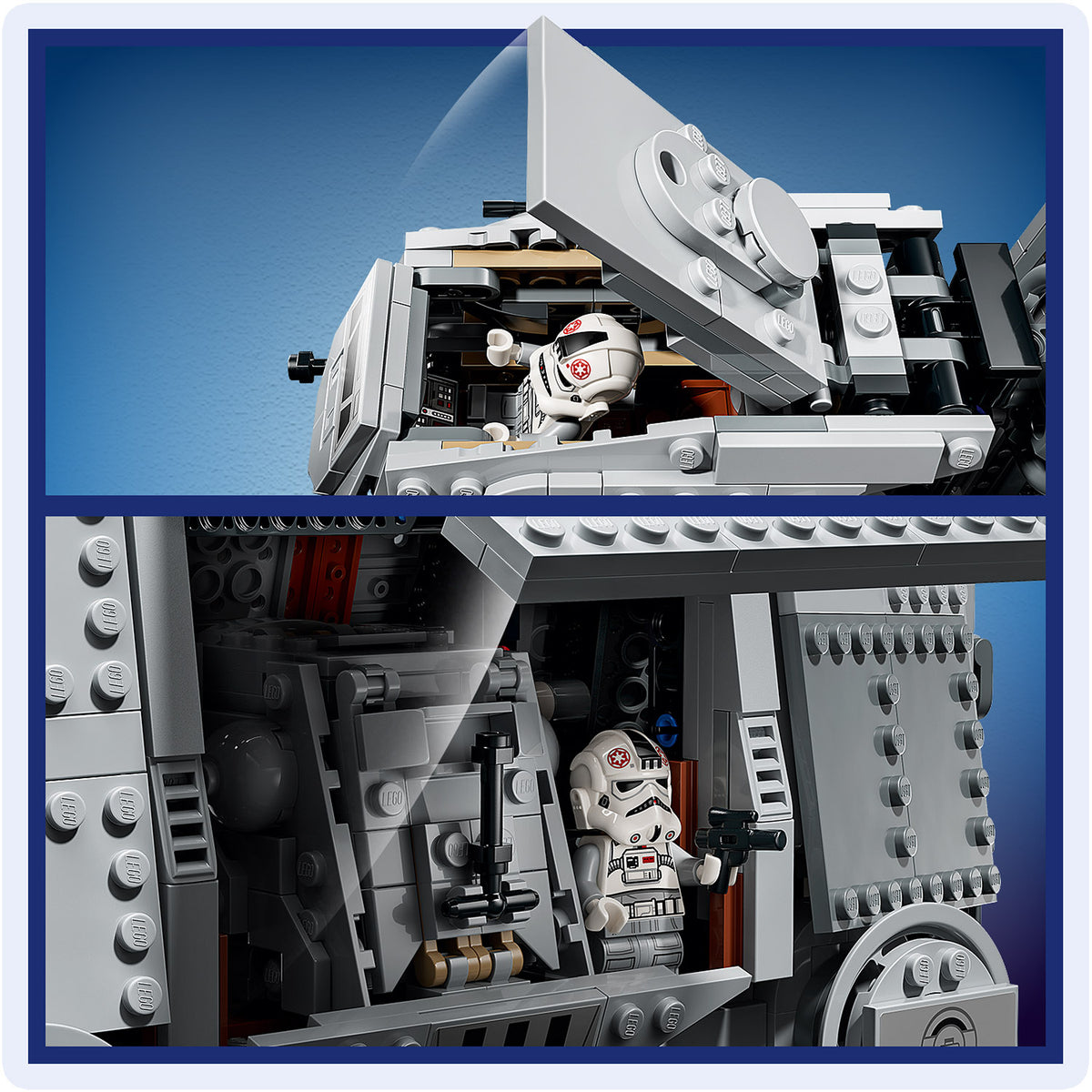 Nahaufnahme eines grauen LEGO AT-AT-Modells mit zwei weißen LEGO Figuren in Rüstung und Helmen im Inneren