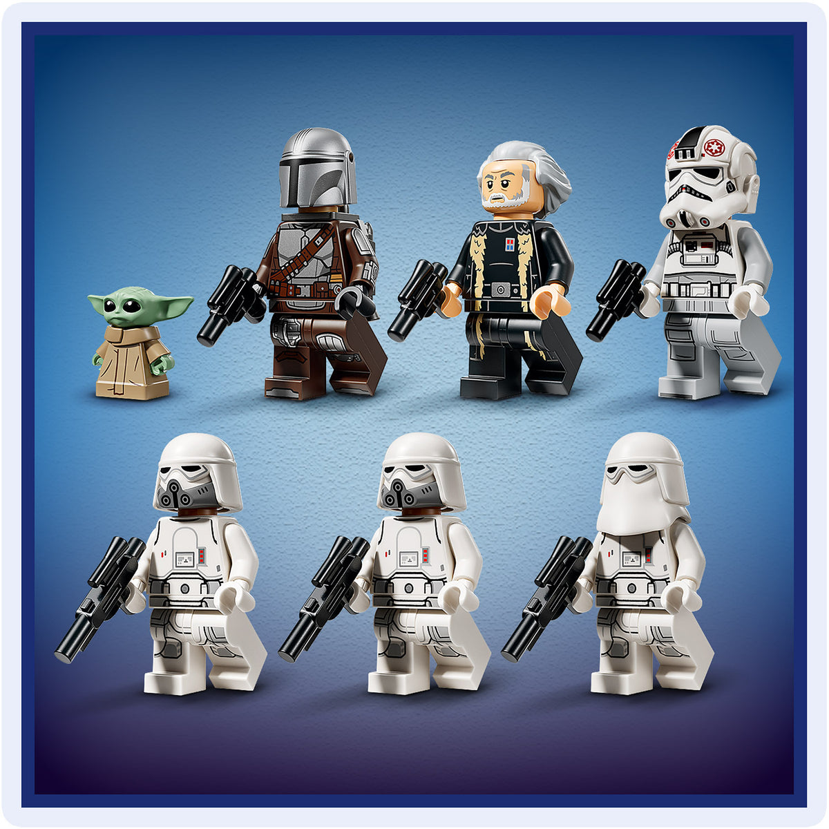Sieben LEGO Minifiguren aus Star Wars, darunter ein grüner Baby-Yoda, ein Mandalorianer, ein älterer Mann mit grauen Haaren, ein Sturmtruppler mit rotem Symbol, zwei weiße Soldaten mit Helmen und ein weißer Soldat mit Schneetarnung, alle mit Waffen in der Hand vor blauem Hintergrund.