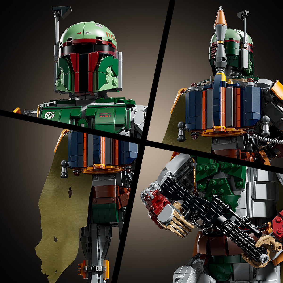 LEGO Figur Boba Fett mit grünem Helm, rotem Visier, Jetpack und Blaster in geteiltem Bild mit Vorder- und Rückansicht