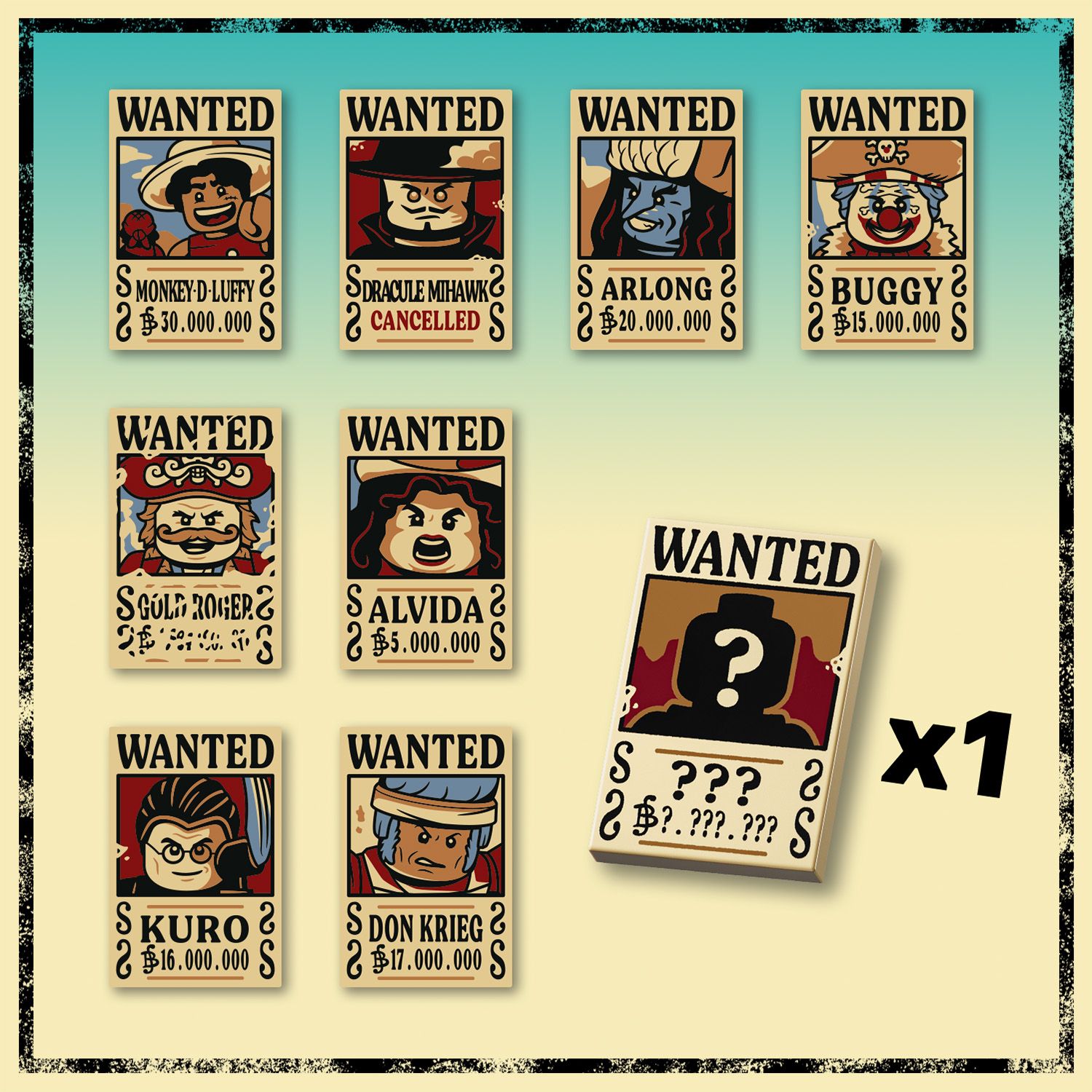 Neun farbige LEGO Steckbriefe mit Porträts von Figuren aus One Piece, darunter Monkey D. Luffy, Dracule Mihawk, Arlong, Buggy, Gol D. Roger, Alvida, Kuro, Don Krieg und ein leerer Steckbrief mit Fragezeichen.