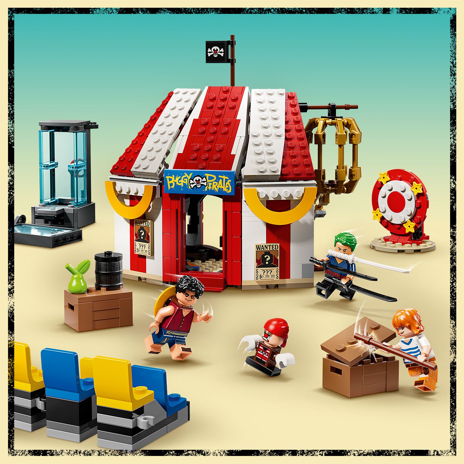 LEGO Spielset mit rot-weiß gestreiftem Zelt, Piratenschild, Zielscheibe, drei Spielfiguren mit Schwertern und verschiedenen Zubehörteilen.