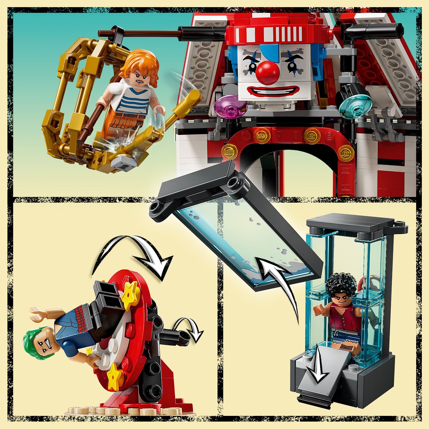 LEGO Spielset mit Clown-Fassade, Figur auf gelbem Schaukelring, drehbare rote Plattform mit Figur und Glaskabine mit Figur und aufklappbarem Dach.