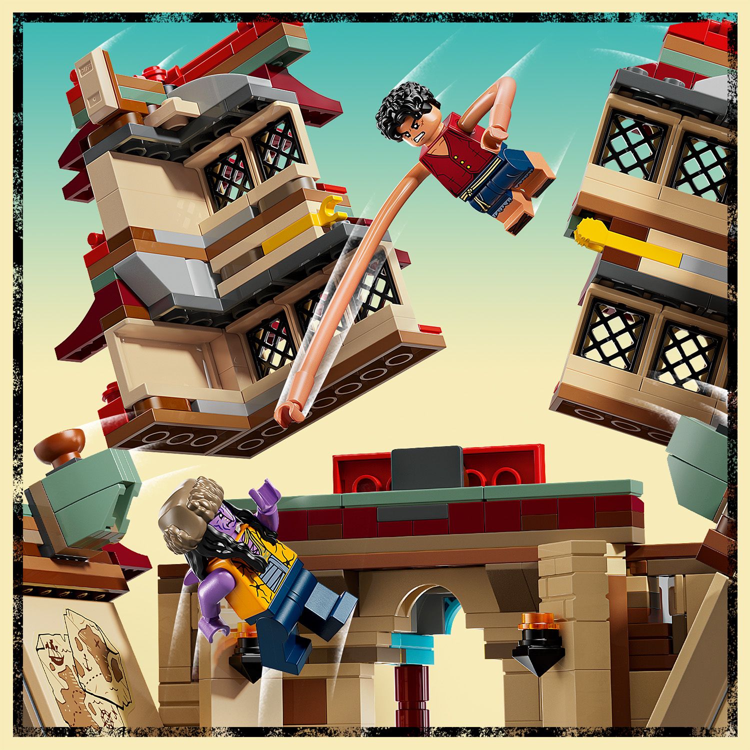Zwei LEGO Figuren in Aktion vor zerfallenden LEGO Gebäudeteilen, eine Figur trägt rote Weste und blaue Shorts, die andere lila Hemd und blaue Hose.