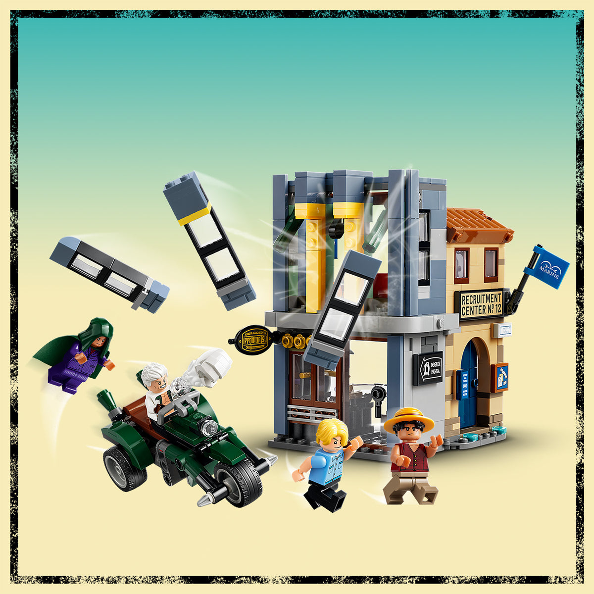 LEGO Set mit einem mehrstöckigen Gebäude mit Schild 'RECRUITMENT CENTER N° 12', drei Minifiguren, einem Motorrad und beweglichen grauen Bausteinen