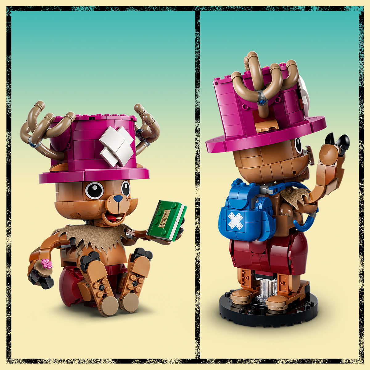 LEGO Figur von Tony Tony Chopper aus One Piece sitzend mit pinkem Hut, blauer Tasche und grünem Buch in der Hand, frontal und seitlich gezeigt