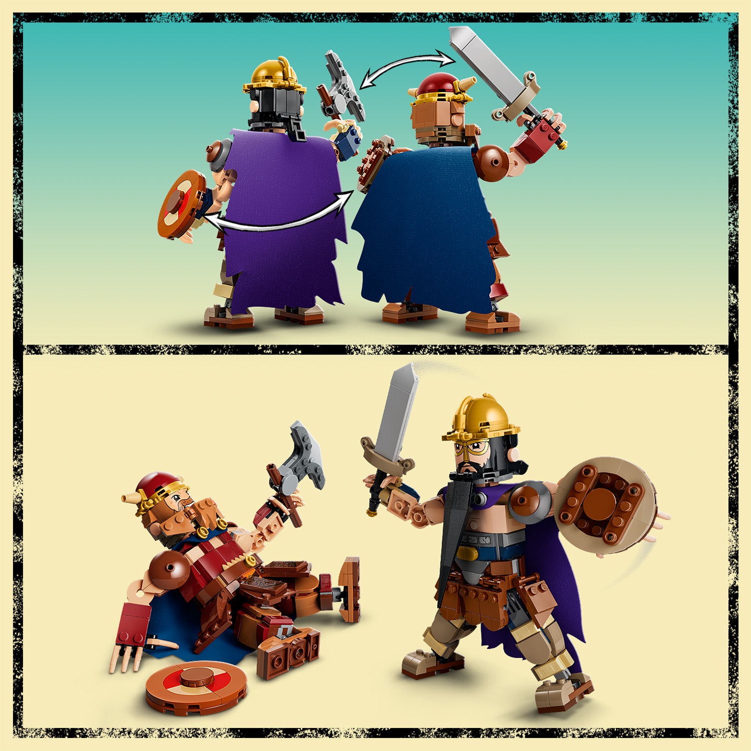 Zwei LEGO Figuren mit Umhängen und Helmen, eine mit Schwert und Schild, die andere mit Pistole und Schild, dargestellt in zwei Szenen, einmal Rücken an Rücken und einmal im Kampf auf dem Boden.