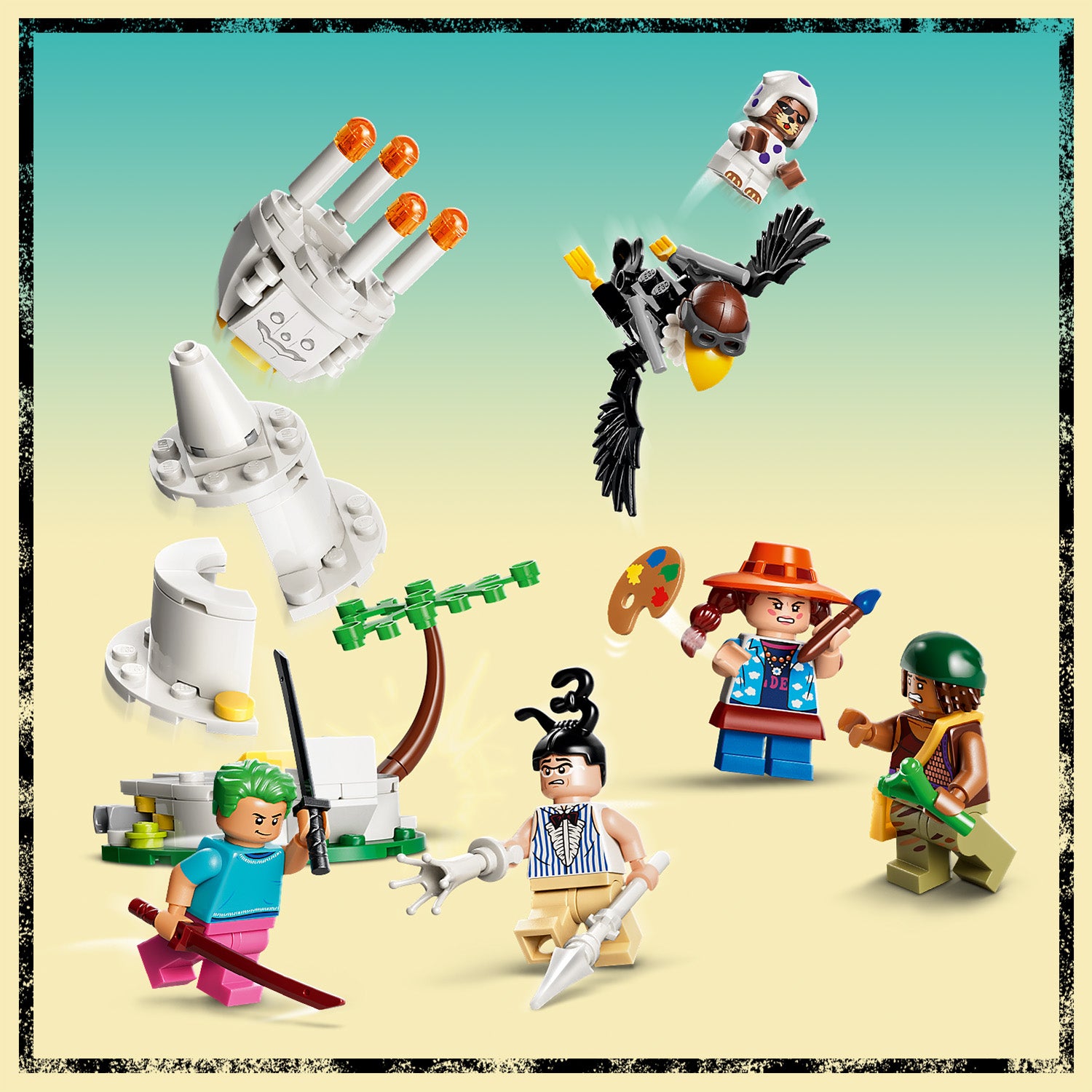 Mehrere LEGO Minifiguren aus One Piece mit Waffen und Accessoires vor einem spiralförmigen weißen Turm und einem schwarzen Vogel auf gelbem Hintergrund