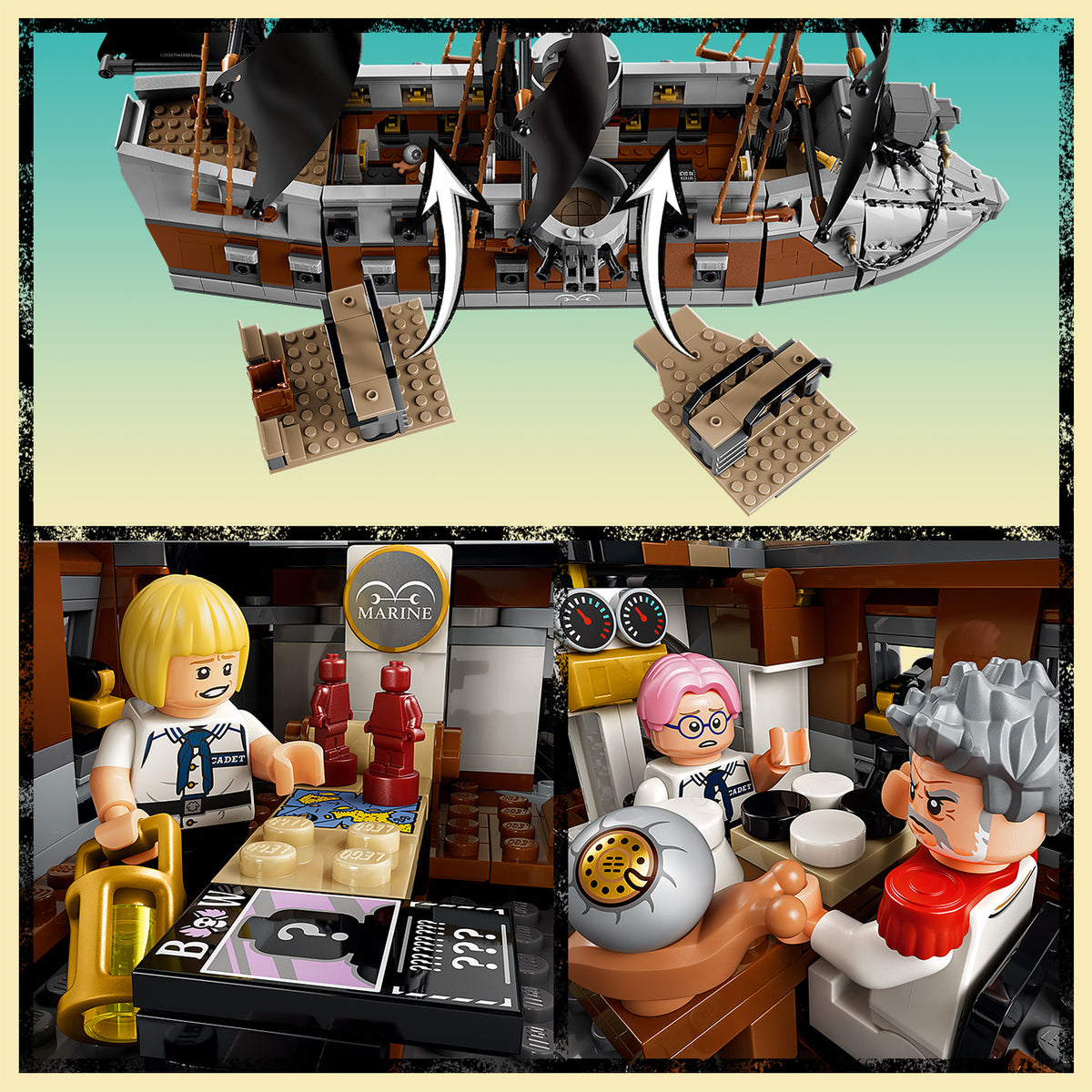 LEGO Modell eines Marineschiffs aus One Piece mit abnehmbarem Deck, zwei Minifiguren in Marineuniformen und detaillierter Innenausstattung mit Steuerpult und Sitzbereich.