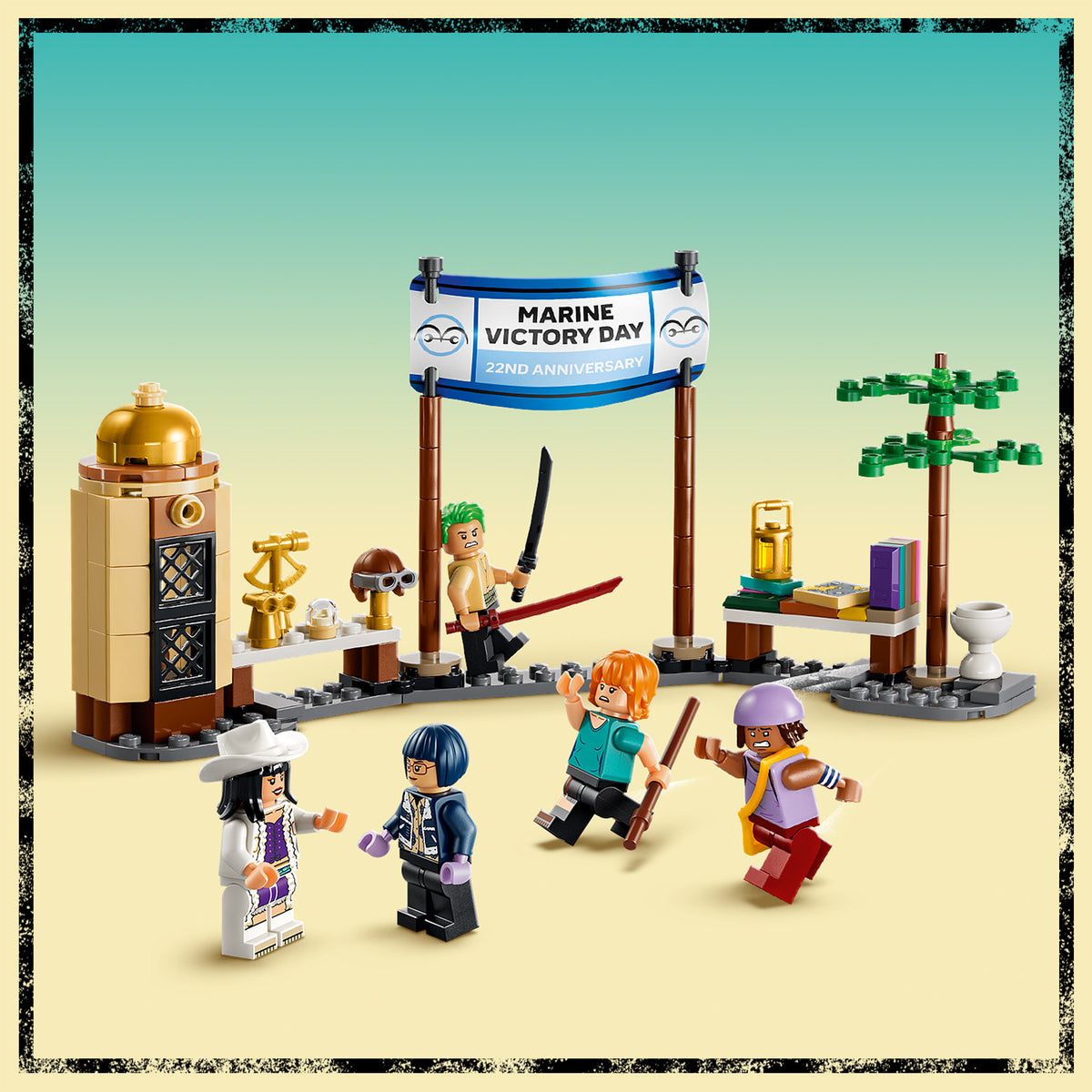 LEGO Szene mit fünf Minifiguren vor einem Banner mit der Aufschrift 'MARINE VICTORY DAY 22ND ANNIVERSARY', darunter ein Tisch mit Büchern, eine Toilette, ein Baum und ein goldener Turm