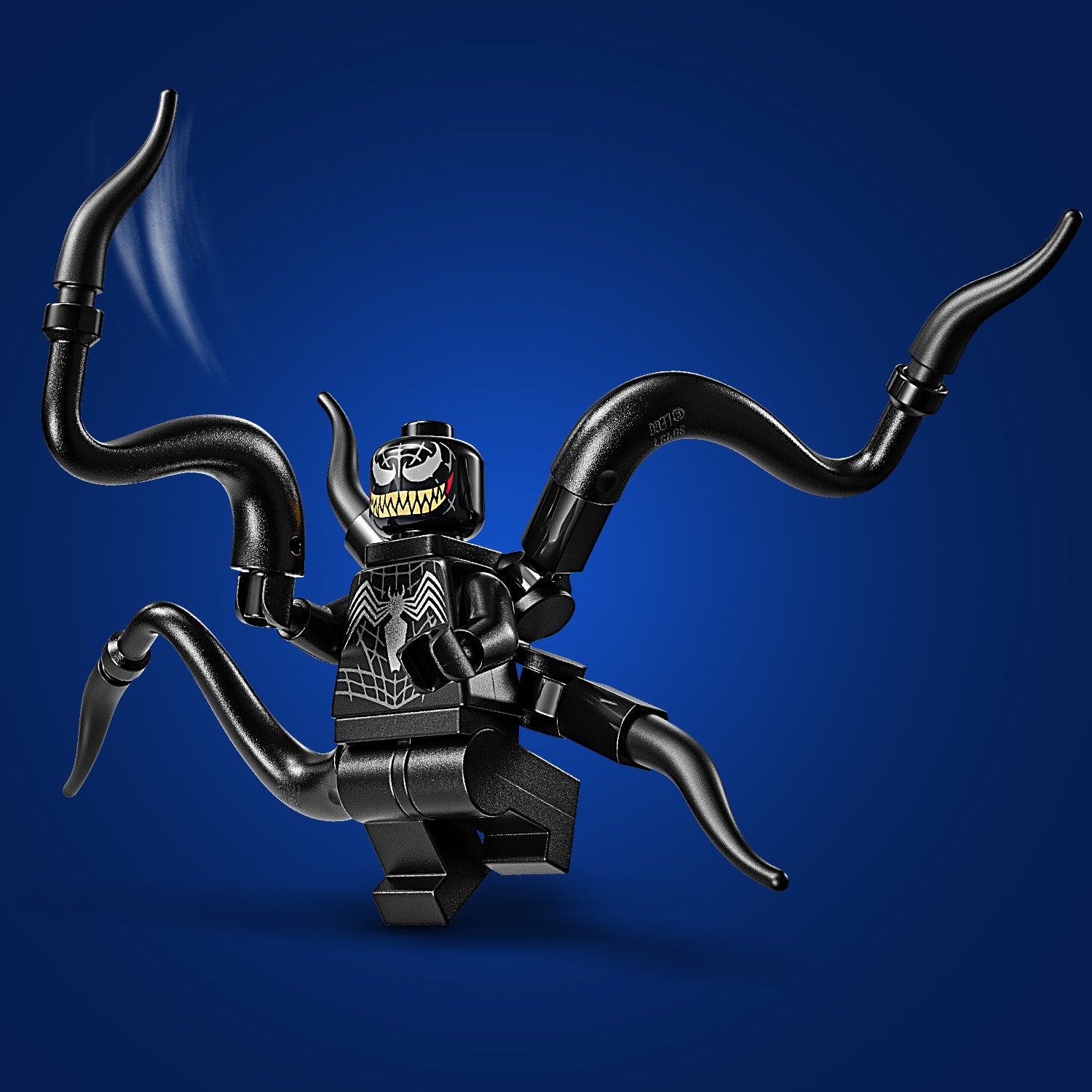 LEGO-Figur von Spider-Man im schwarzen Symbionten-Anzug mit vier beweglichen, tentakelartigen Armen vor blauem Hintergrund.