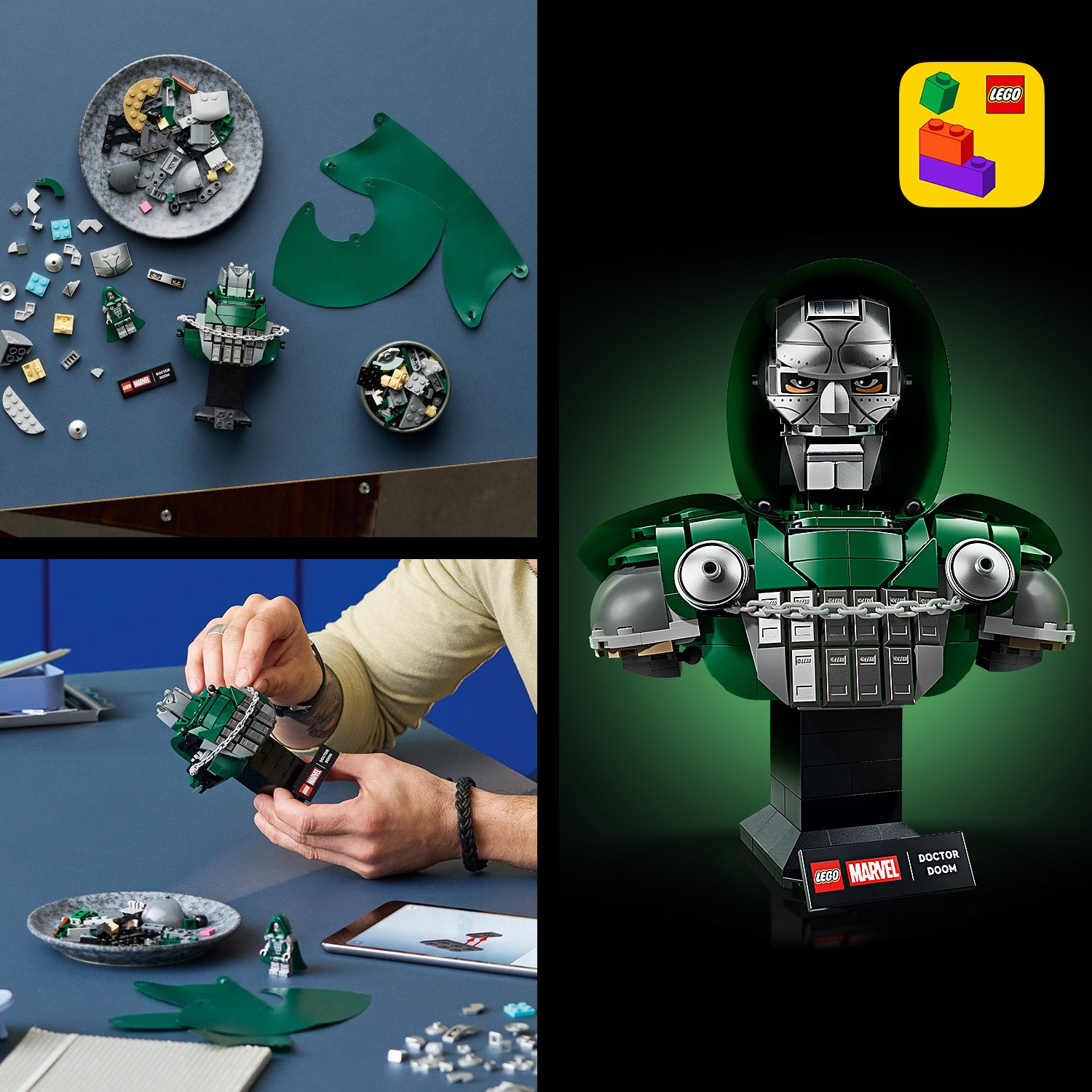 Zusammengesetzte Ansicht mit LEGO Teilen, einer Person, die eine grüne LEGO Büste zusammenbaut, und einer fertigen LEGO Büste von Doctor Doom auf einem schwarzen Sockel mit Namensschild