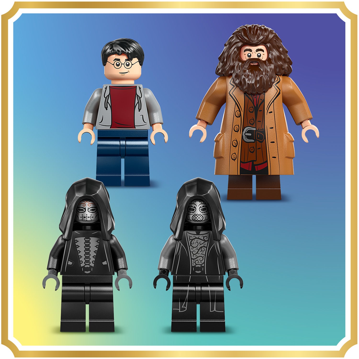 Vier LEGO-Figuren aus Harry Potter: eine mit grauer Jacke und rotem Shirt, eine mit braunem Mantel und buschigem Haar, sowie zwei in schwarzen Kapuzen mit detaillierten Gesichtern und Körpermustern.