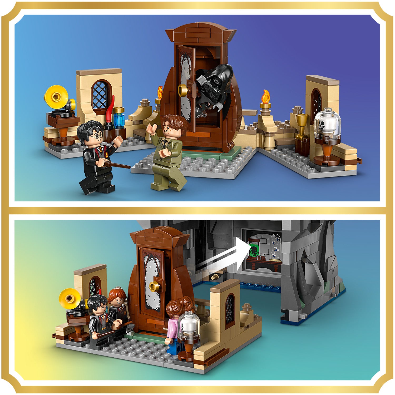 LEGO Harry Potter Szene mit zwei Minifiguren vor einem großen Standuhr-Schrank, aus dem eine schwarze Gestalt herauskommt, umgeben von Wandelementen mit Fenstern, Kerzen und einem Grammophon.