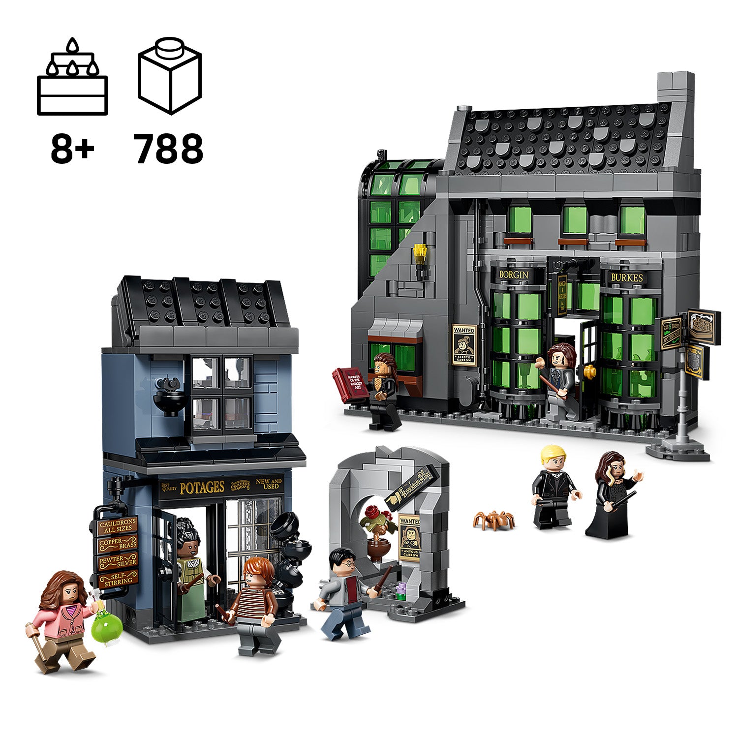 LEGO Set mit zwei Zauberläden aus der Winkelgasse, mehreren Minifiguren und einem Zauberschild