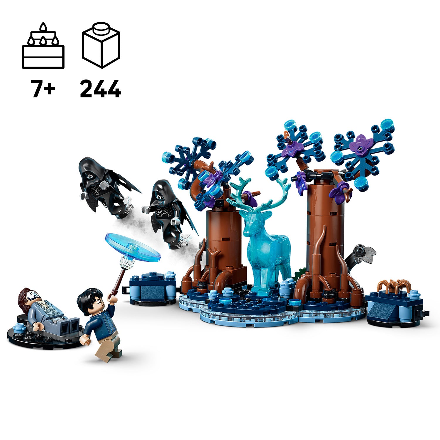 LEGO Szene mit zwei Minifiguren, zwei schwarzen Dementoren, zwei braunen Bäumen mit blauen und violetten Blättern und einem blauen Hirsch auf einer runden Basis