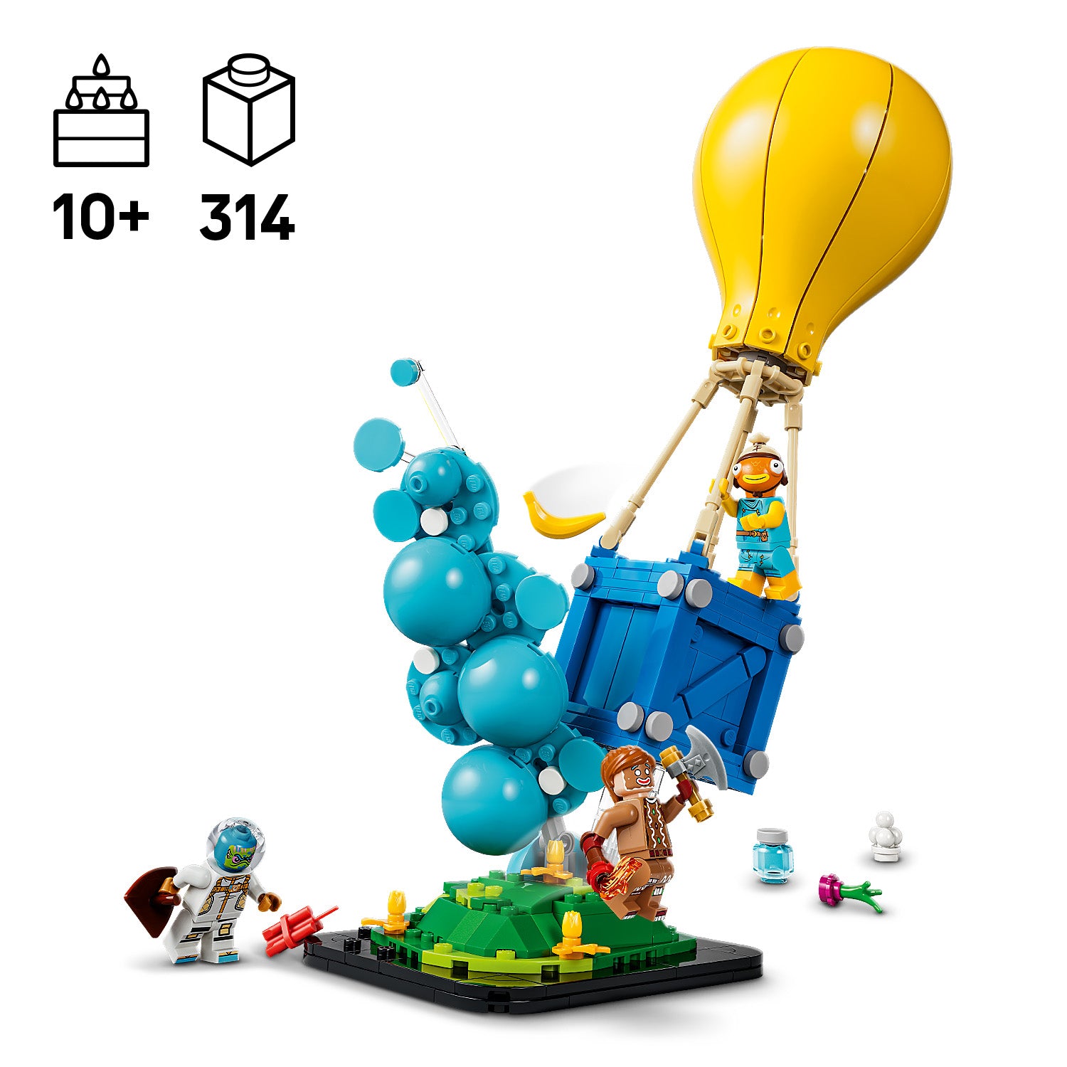 LEGO Set mit gelbem Heißluftballon, blauen Blasen, zwei Minifiguren in Raumanzug und prähistorischer Kleidung sowie einer grünen Landschaft auf schwarzer Grundplatte