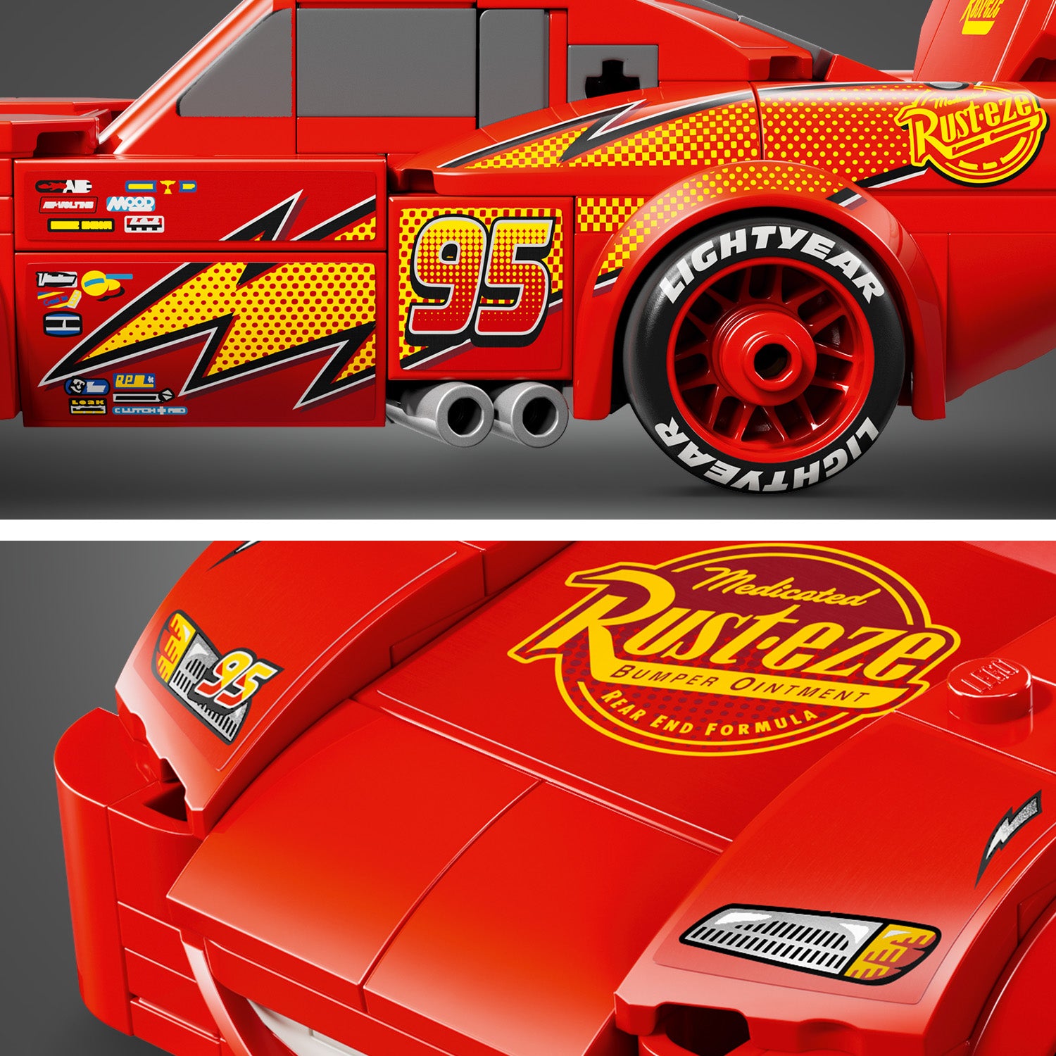 Nahaufnahme eines roten LEGO Lightning McQueen aus der Speed Champion Serie mit der Startnummer 95, Blitz-Design und "Rust-eze"-Logo auf Motorhaube und Heckflügel.