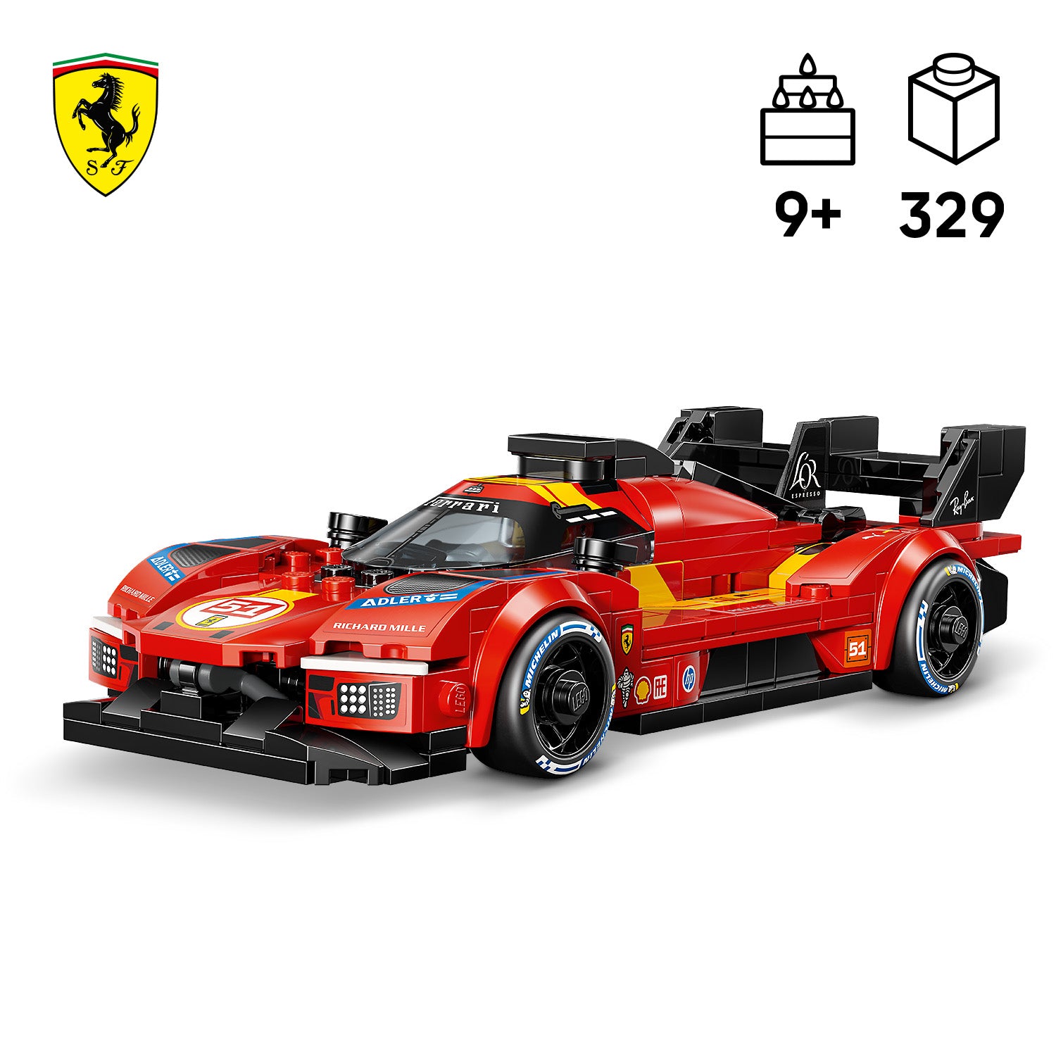 Rotes LEGO Modell des Ferrari 499P Rennwagens mit Sponsorenaufklebern und großem Heckflügel
