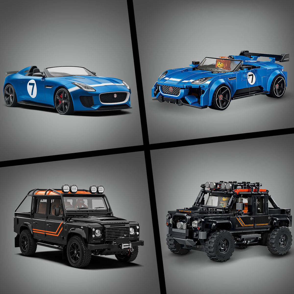 Zwei blaue Sportwagen mit der Nummer 7, einer als echtes Auto und einer als LEGO Modell  sowie zwei schwarze Geländewagen mit orangen Streifen, einer als echtes Auto und einer als LEGO Modell