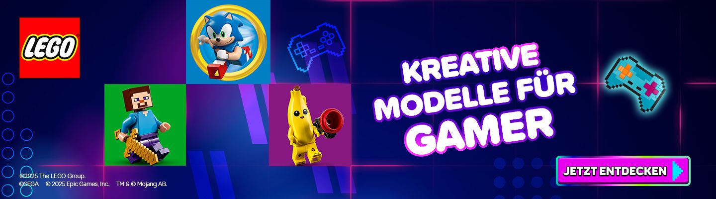 LEGO® Logo und bunte Symbole von Videospielcharakteren und Controllern vor blau-violettem Hintergrund mit Text 'KREATIVE MODELLE FÜR GAMER' und Button 'JETZT ENTDECKEN'