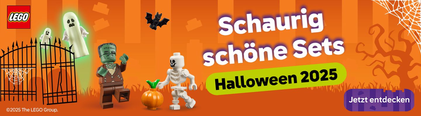 Orangener Werbebanner mit LEGO® Logo, drei Halloween-Figuren (Geist, Frankenstein, Skelett) und Text 'Schaurig schöne Sets Halloween 2025'.