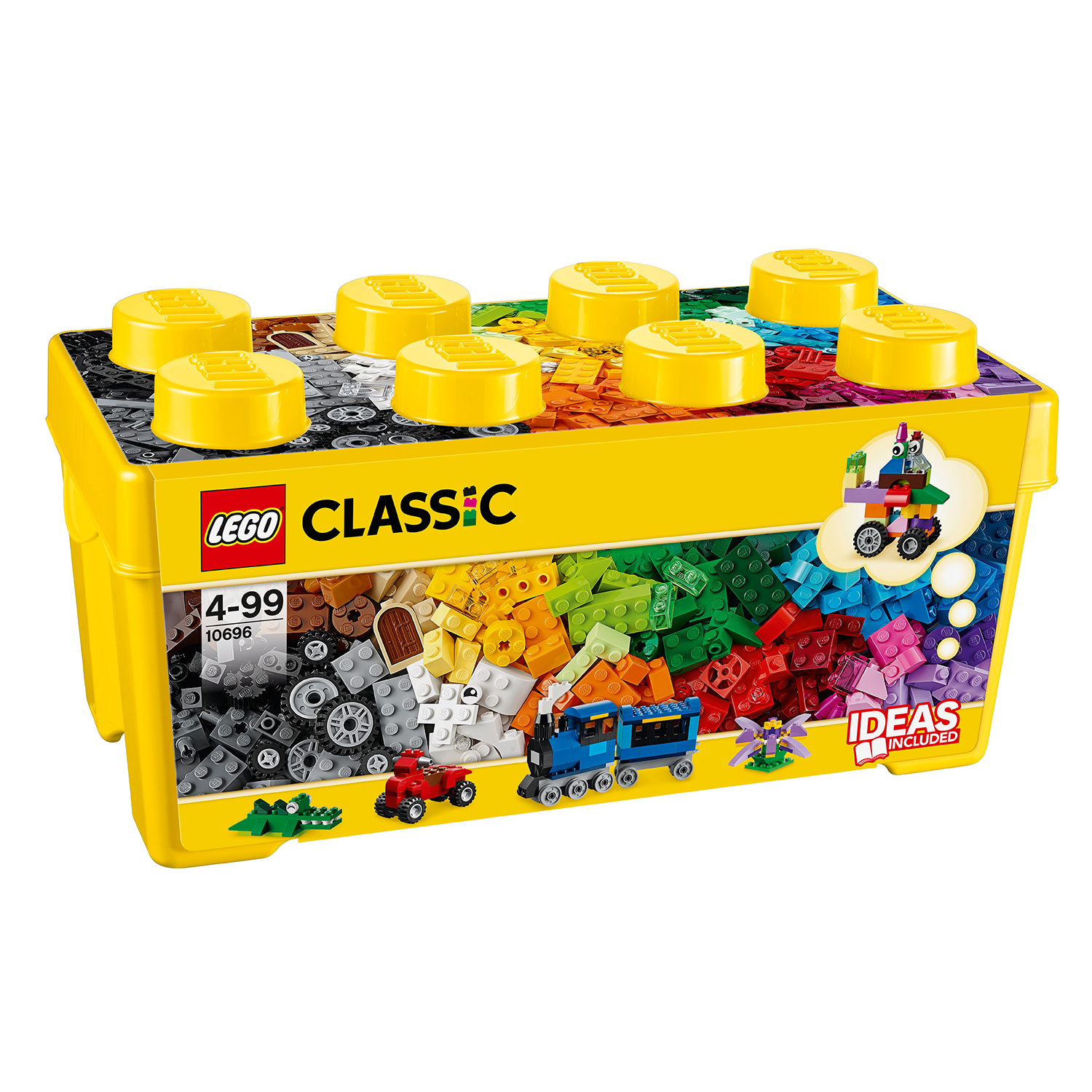 Vorderseite gelbe LEGO Kiste mit klassischen LEGO Teilen