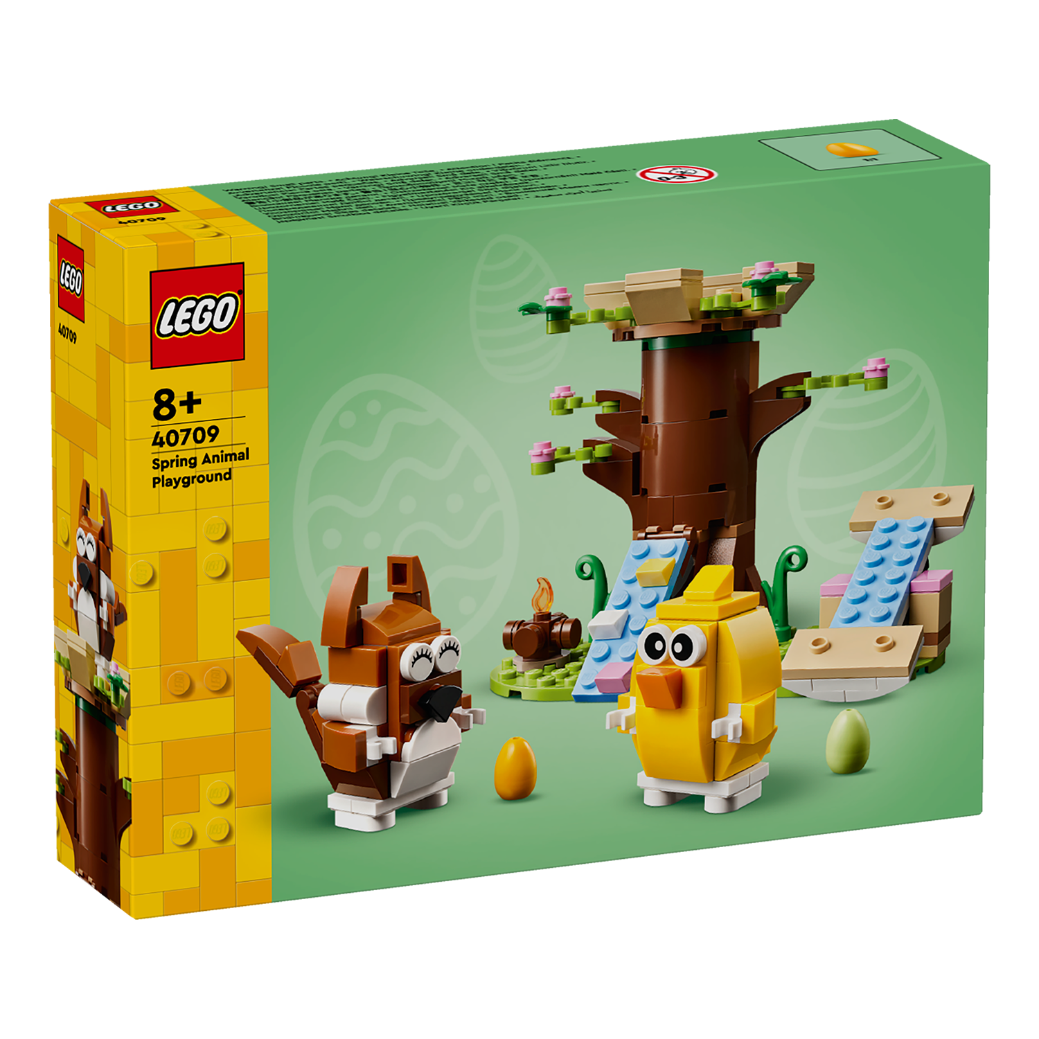 LEGO Set mit der Set-Nummer 40709, Alter 8, Ein Eichhörnchen, ein Küken, ein Baum und eine Rampe, 2 Ostereier