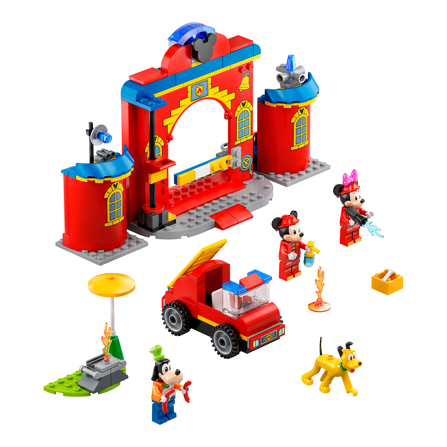 rote Feuerwehrstation, Feuerwehrauto und Mickey Mouse und weitere Disney Figuren aus LEGO Teilen