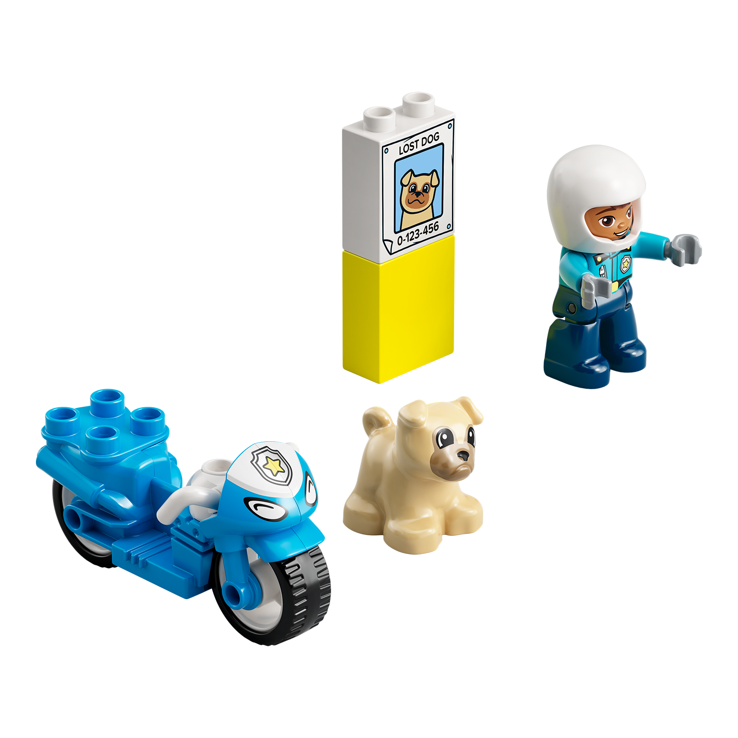 blaues Polizeimotorrad, Polizist und kleiner Hund aus LEGO duplo Teilen