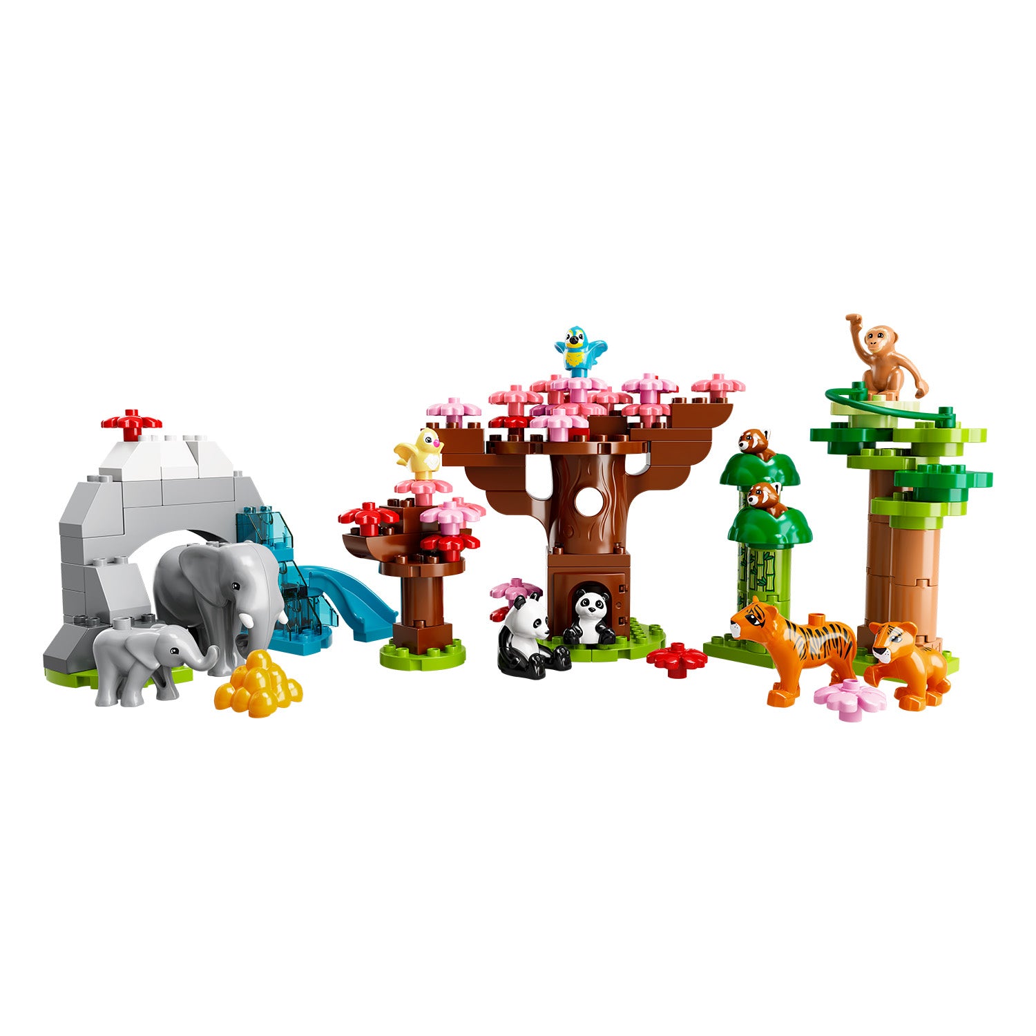 aus LEGO duplo Teilen gebauter  Elefant, Panda, Tiger, Pflanzen