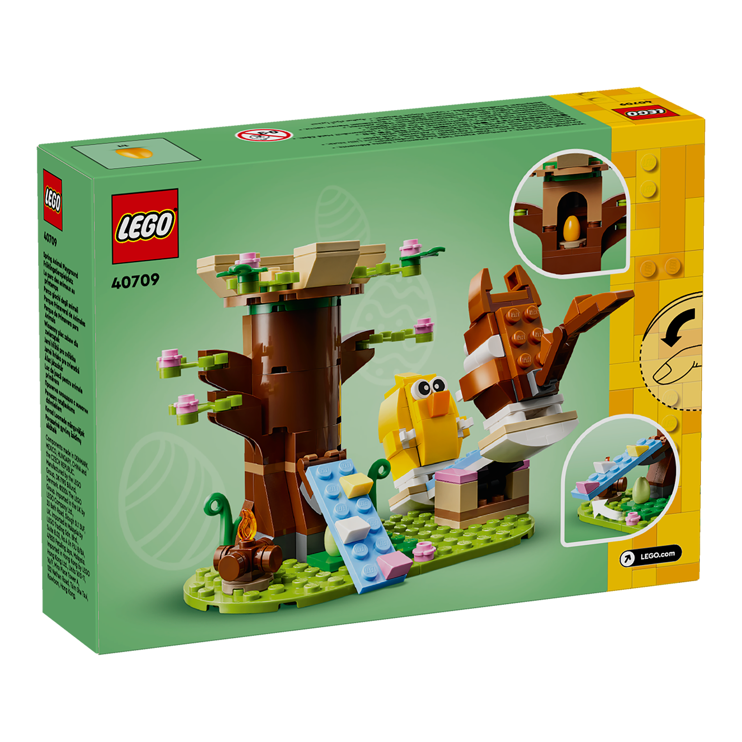 LEGO Set mit der Set-Nummer 40709, Ein Eichhörnchen, ein Küken, ein Baum und eine Rampe, 2 Ostereier, Rückseite des Kartons