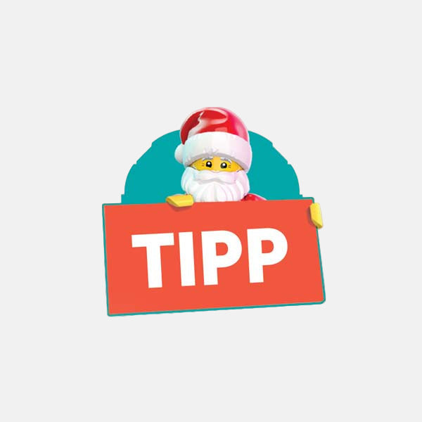 Button TIPP LEGO Weihnachtsmann mit Schild in der Hand